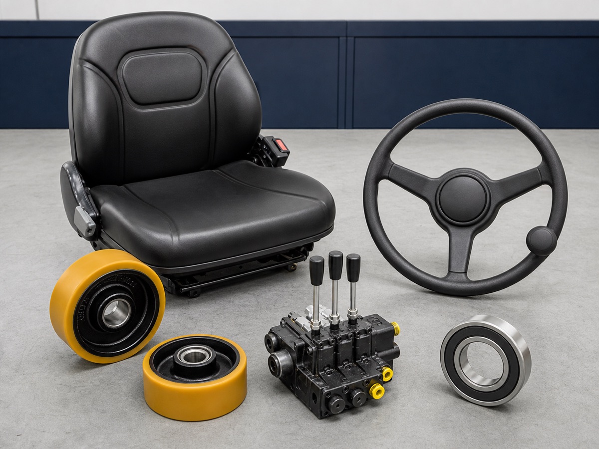Forklift koltuğu, tekeri, direksiyonu ve hidrolik valfi yedek parçaları